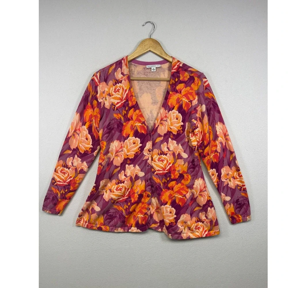 Floral Cottagecore Isaac‎ Mizrahi Live! Womens Med Purple Orange V-Neck Cardigan